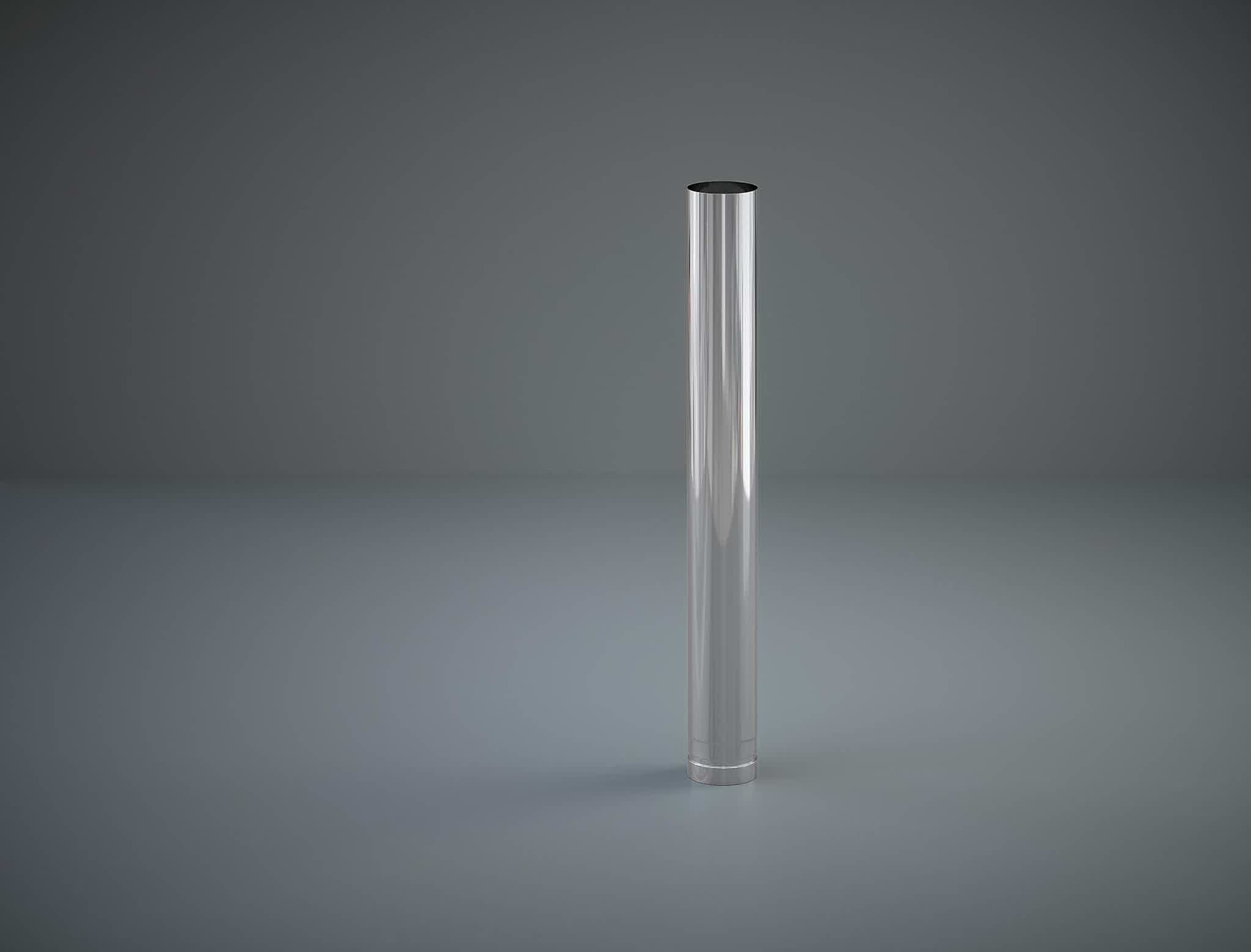 A sleek metallic flue extension for Skargards wood stoves against a gray backdrop.