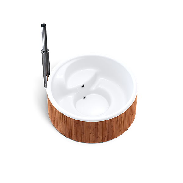 A white oval sink with wooden base and silver faucet on a white background.