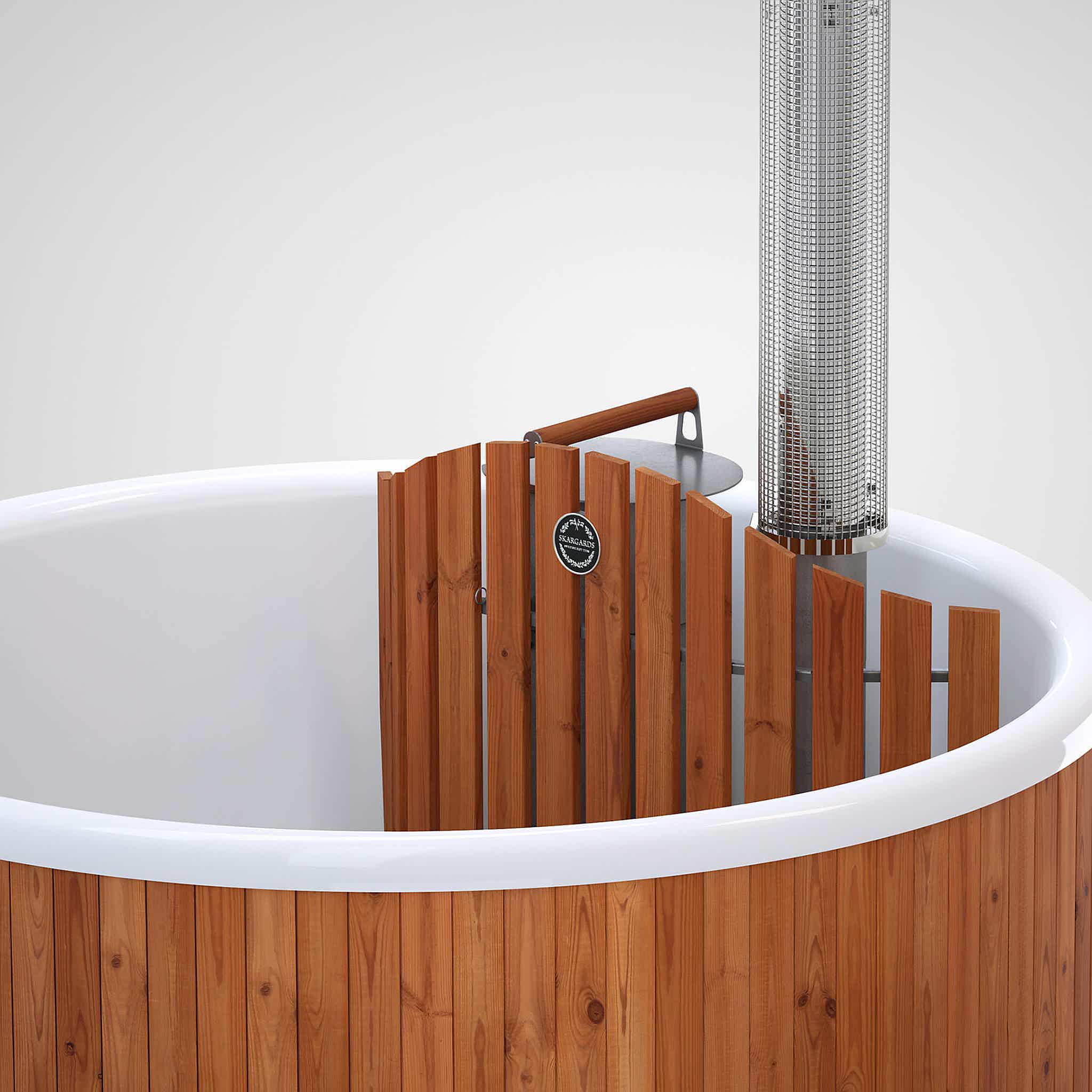 Side view of a Skargards Panel hot tub stove fence, placed in a Panel 190 facing left.