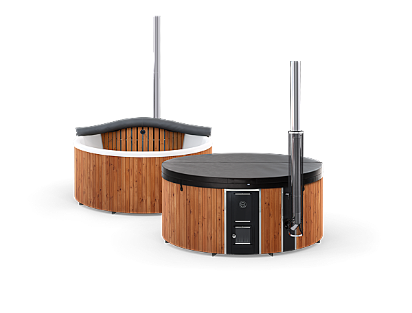 Two round wooden hot tubs with white tops and black handles on a white background.