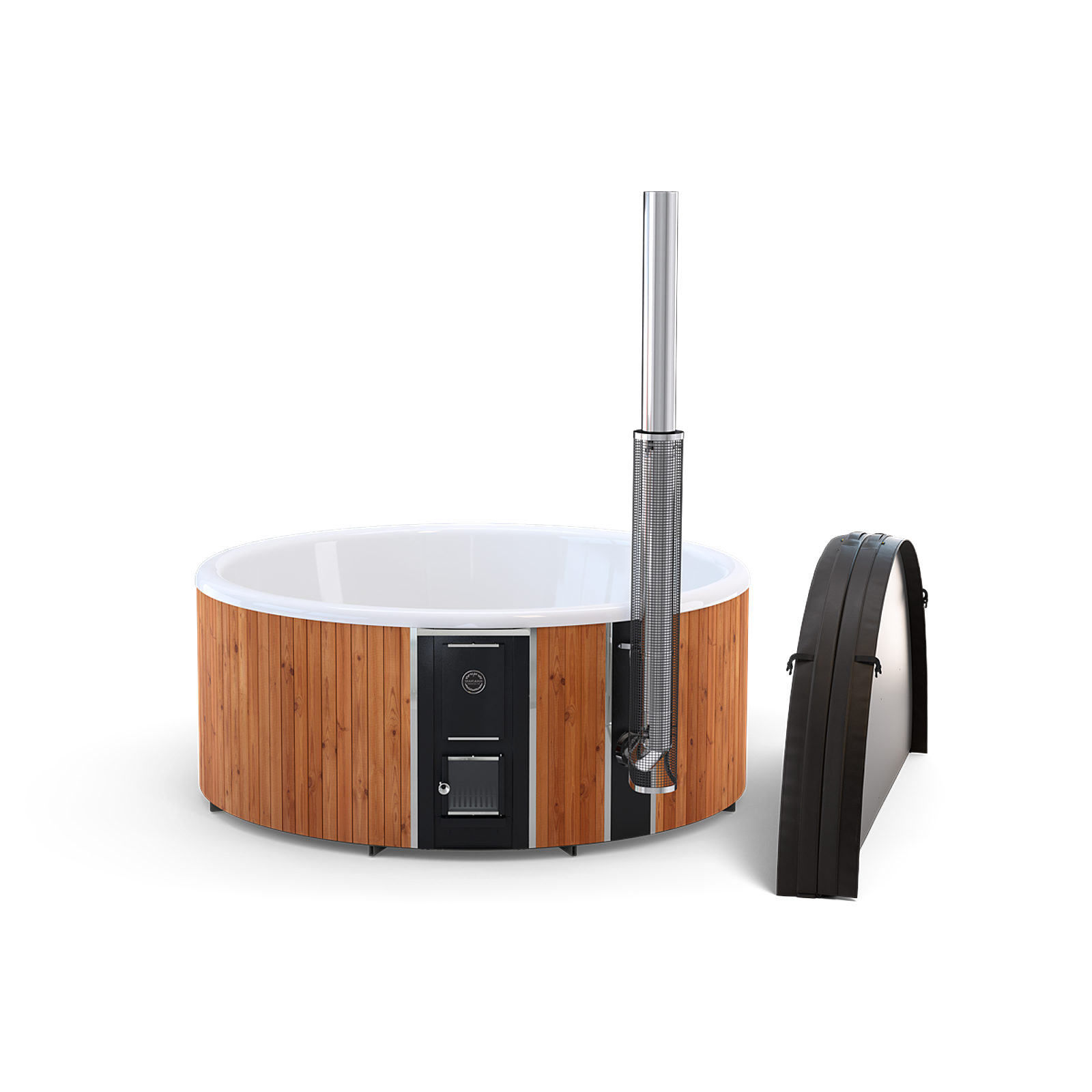 A wooden hot tub with a black lid and silver handle on a white surface.