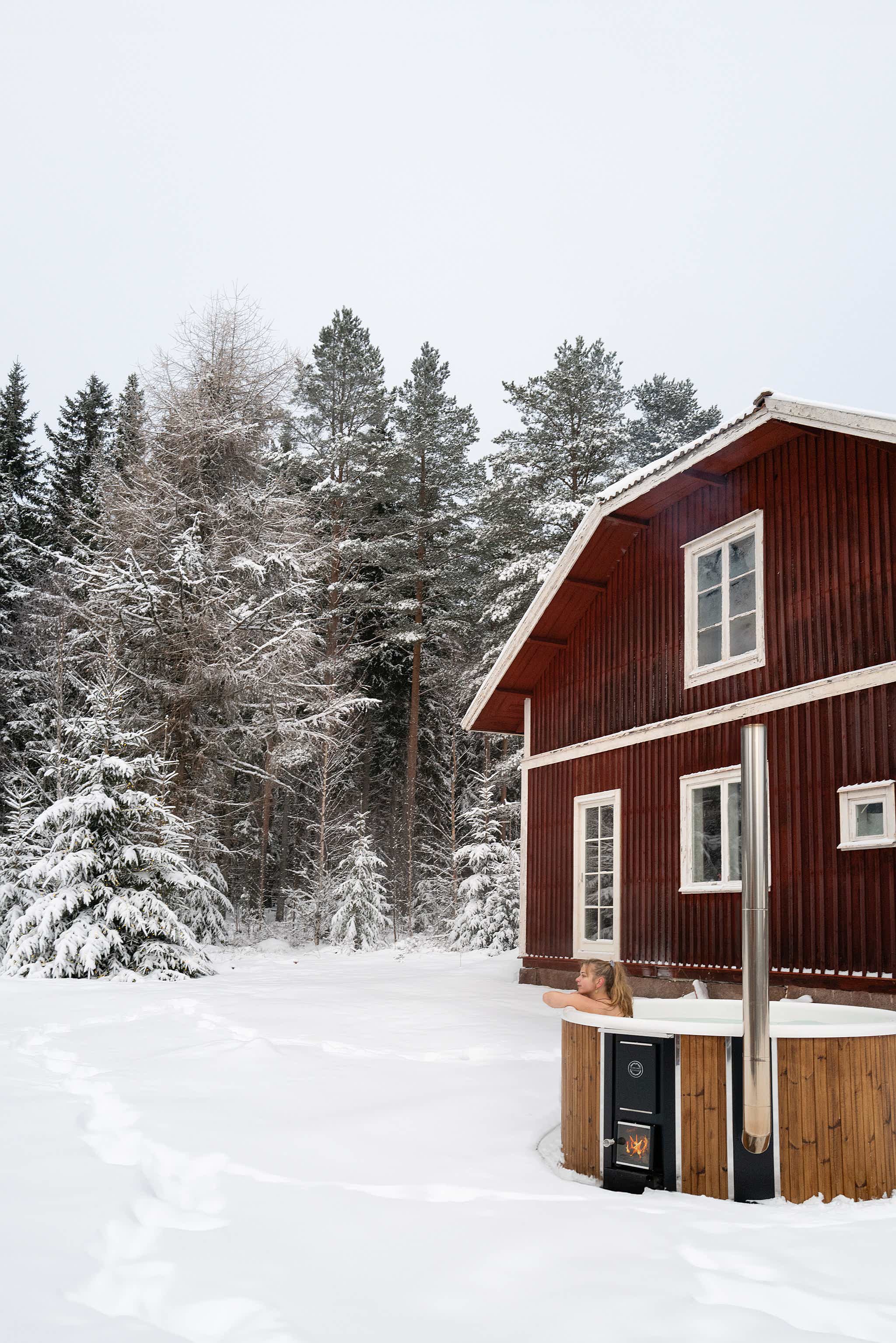 A red wooden cabin with a white roof in a snowy landscape, surrounded by snow-covered pine trees.
