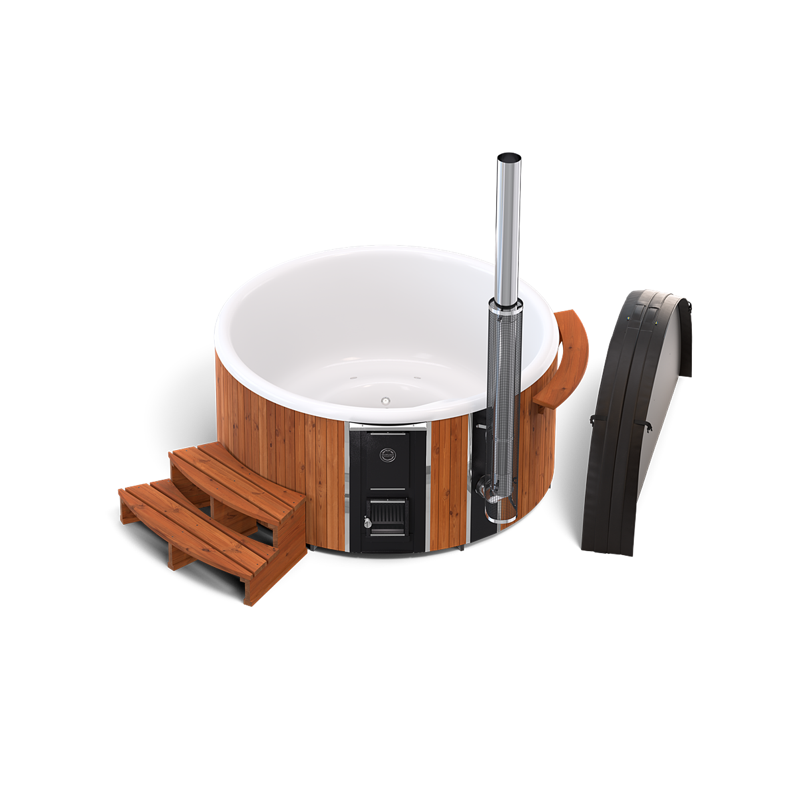 3D render of a white hot tub with silver handle, black pipe, wooden benches, black handle on white background.