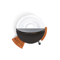 A white circular hot tub with a black top and base on a wheeled wooden platform.