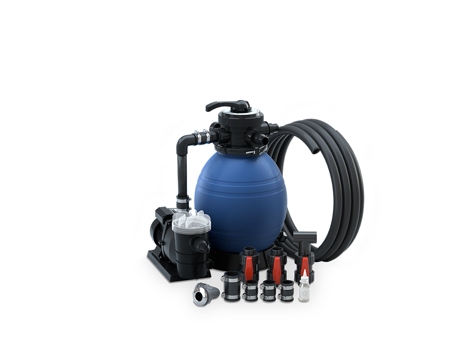 A blue water pressure gauge with a black hose attached to a red and silver pump.
