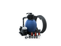 A blue water pressure gauge with a black hose attached to a red and silver pump.