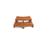 A wooden bench with three slats and a curved design against a black background.