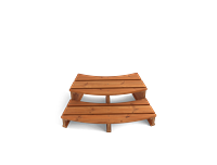 A wooden bench with three slats and a curved design against a black background.