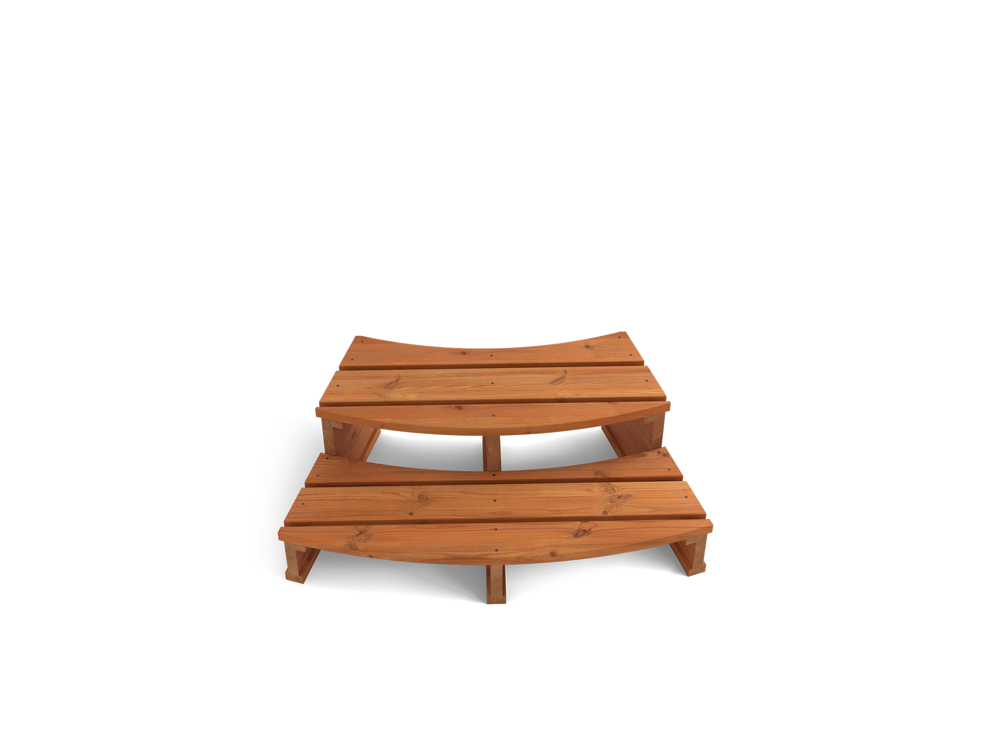 A wooden bench with three slats and a curved design against a black background.