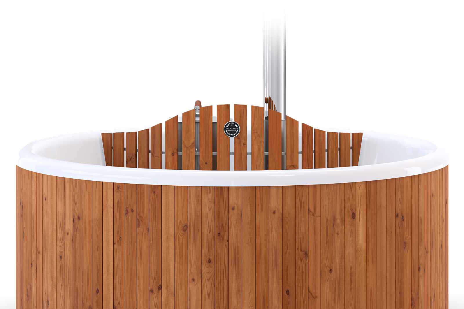 A round wooden hot tub with a white exterior and a curved top, featuring a black logo.