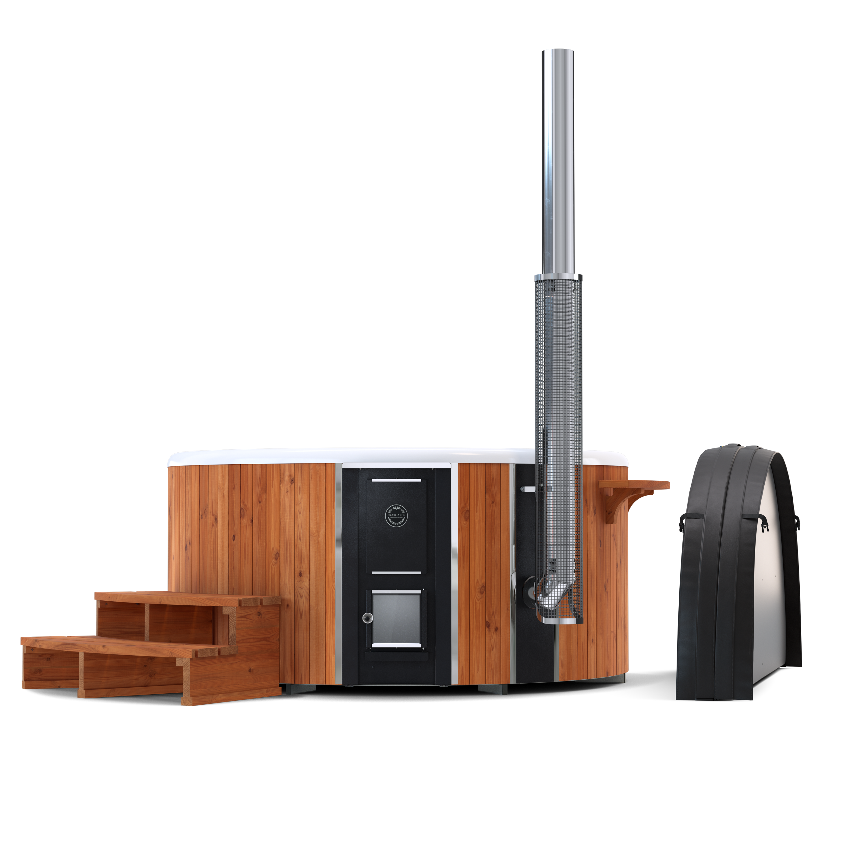 Modern wood stove and hot tub with sleek design and curved roof.