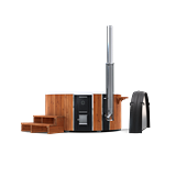 Modern wood stove and hot tub with sleek design and curved roof.