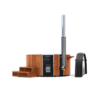 Modern wood stove and hot tub with sleek design and curved roof.