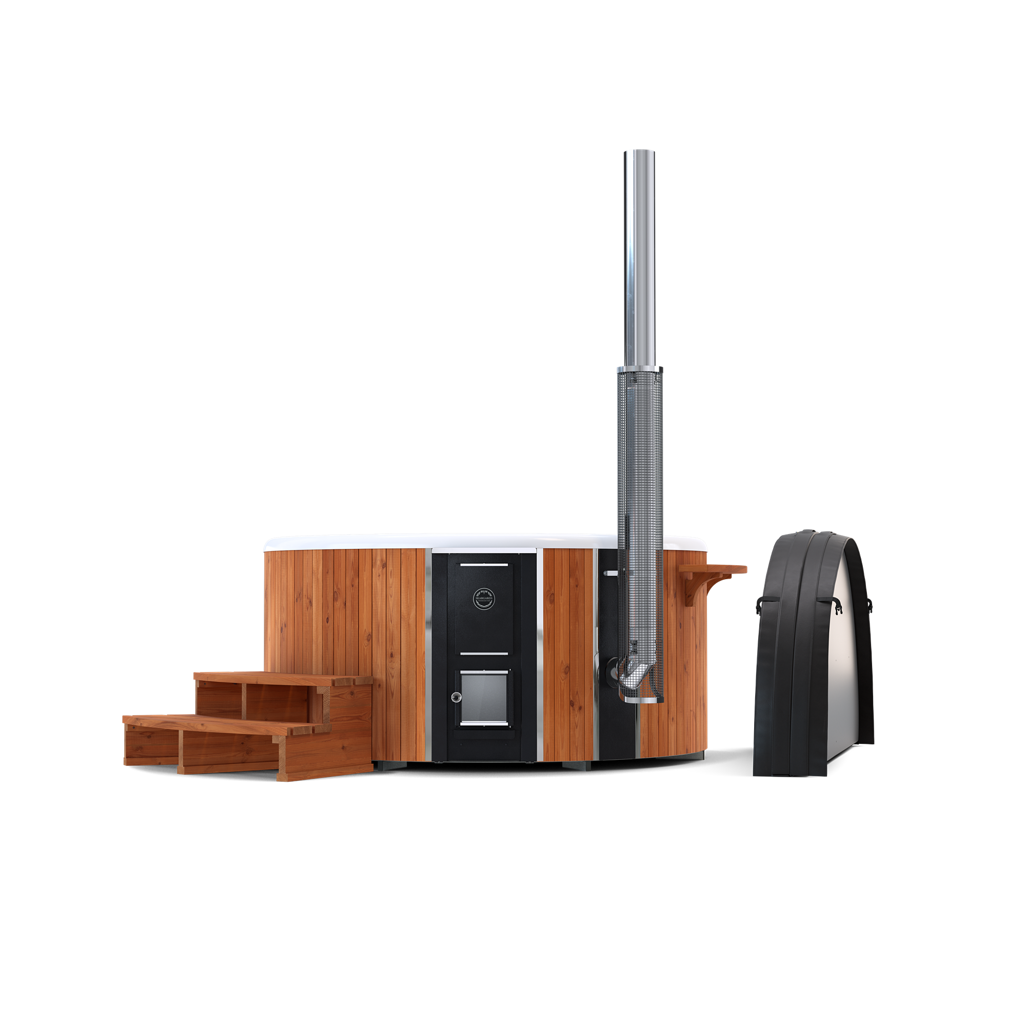 Modern wood stove and hot tub with sleek design and curved roof.