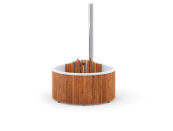 A wooden circular structure with a white rim and black wheels, featuring a tall silver pole on the right side.
