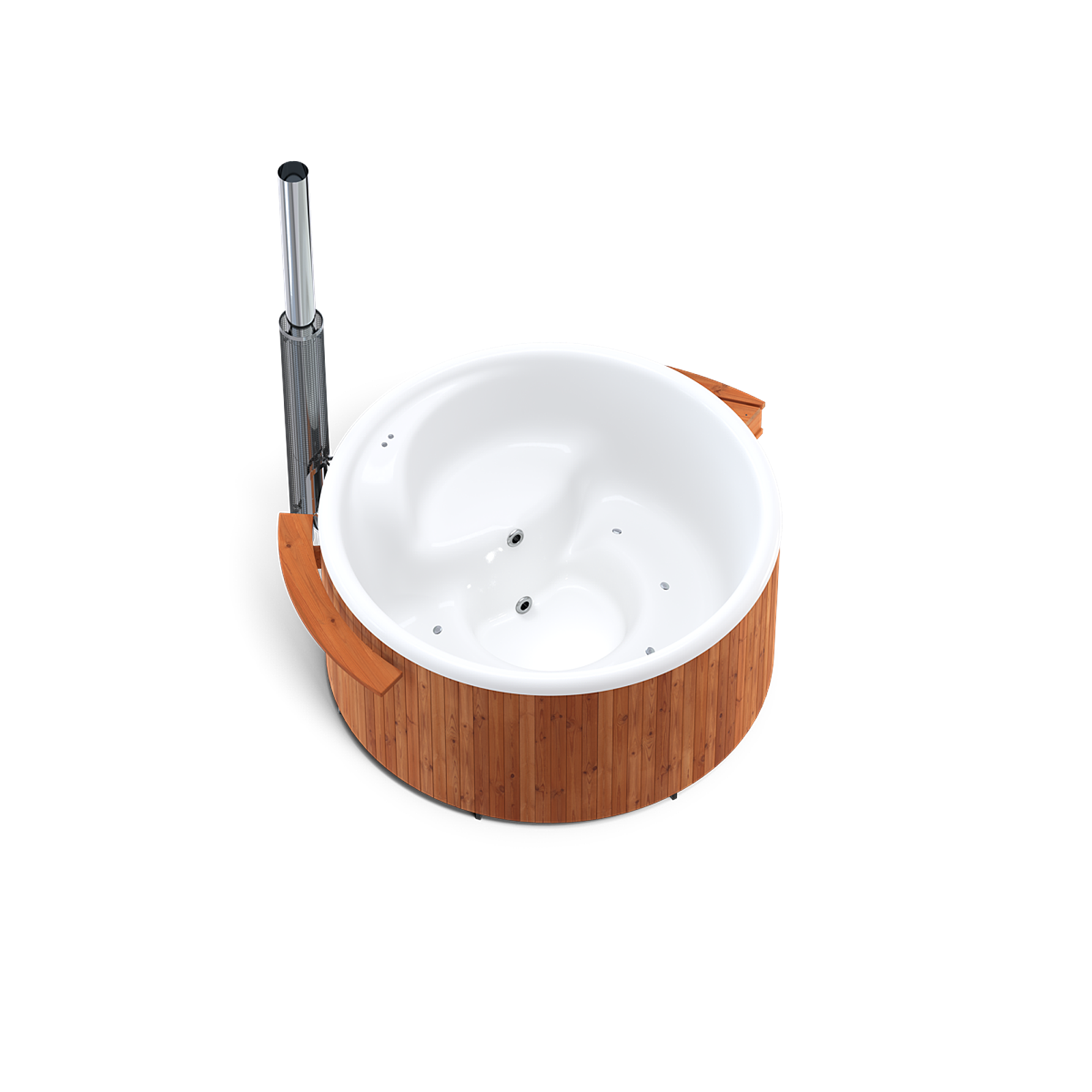 Skargards Regal hot tub with wooden cover and silver handle on a white background.