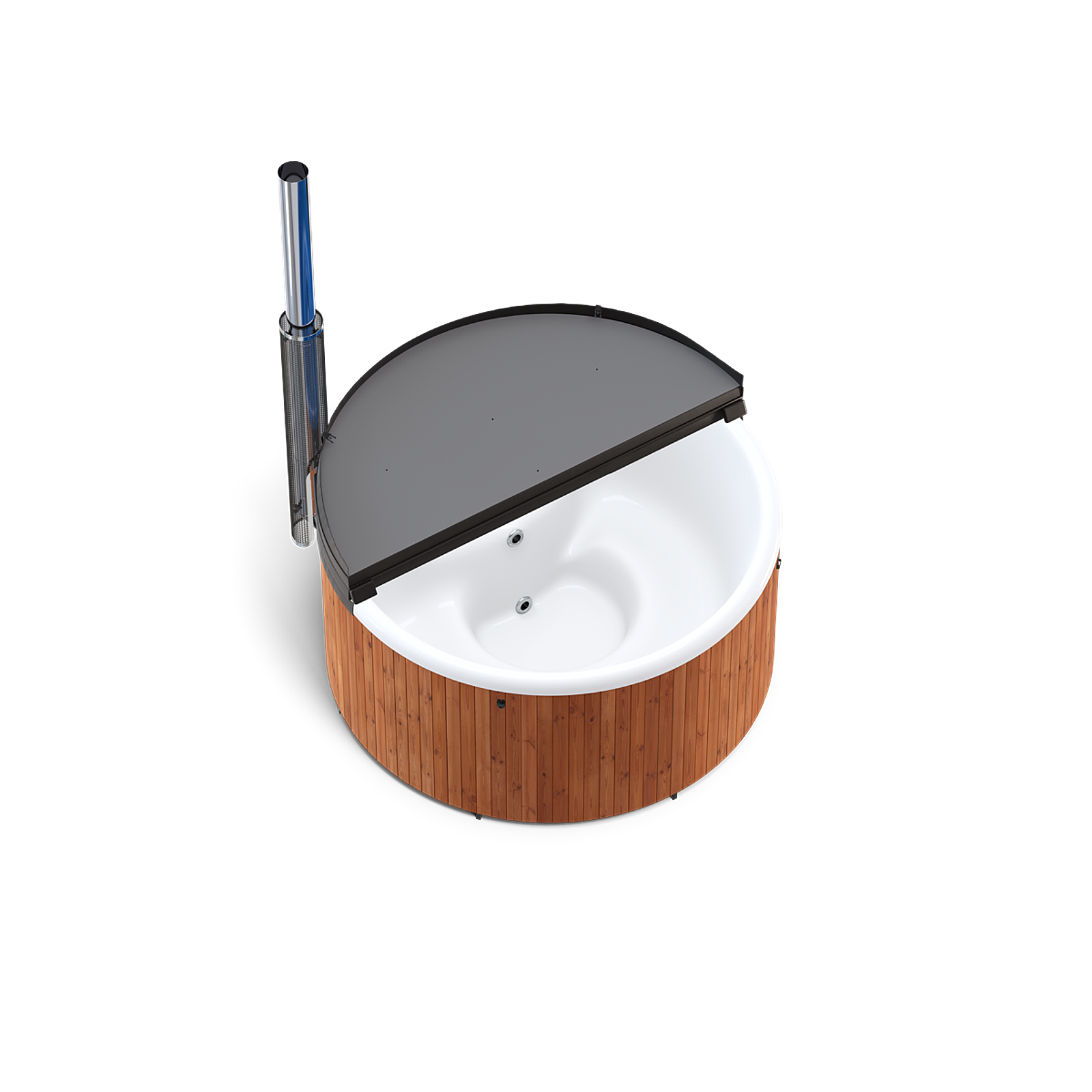 A white hot tub with a black lid on a wooden base. A blue pole with a black handle is on top.