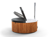 A wooden circular tub with a black lid on a white background. The lid is open.