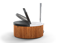 A wooden circular tub with a black lid on a white background. The lid is open.