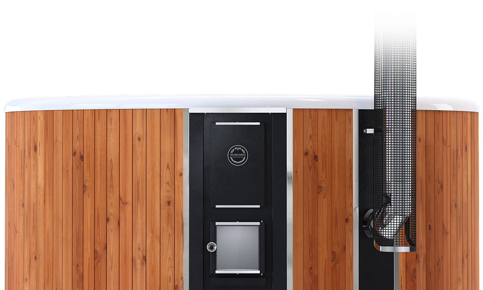 A modern, curved wooden wall with a black door and a silver pull-out shelf.
