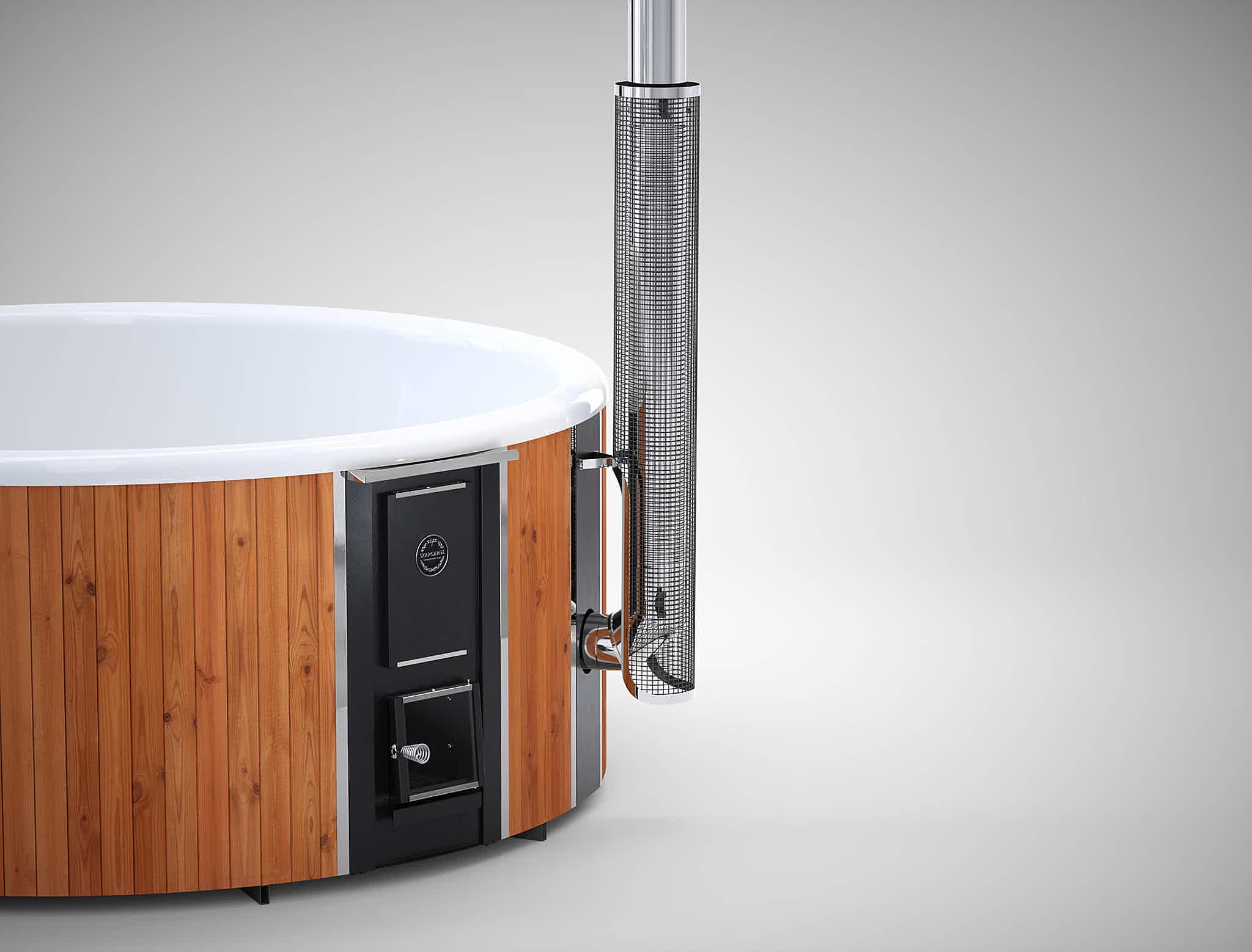 A Skargards hot tub with a wooden exterior and silver fittings on a white surface.