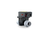 A black and gray water pump with a red button and yellow handle.