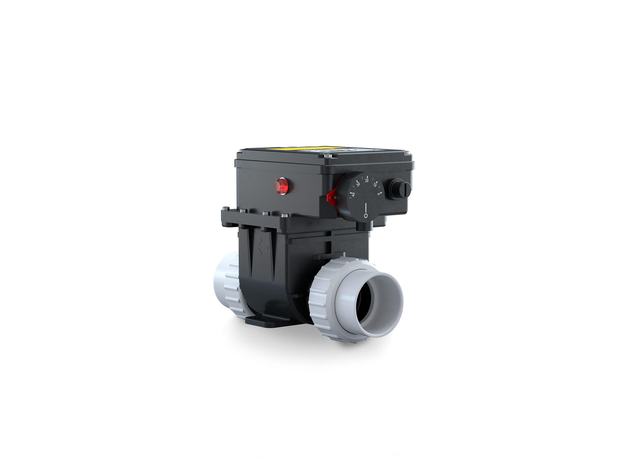 A black and gray water pump with a red button and yellow handle.