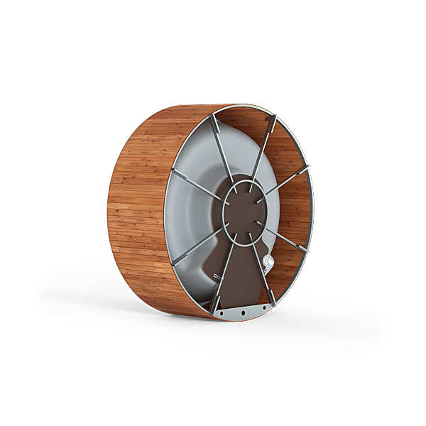 A wooden circular object with a gray rim and a silver center.