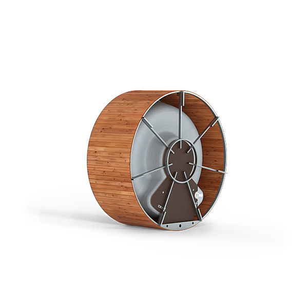 A wooden circular object with a gray center and a silver rim on a white background.